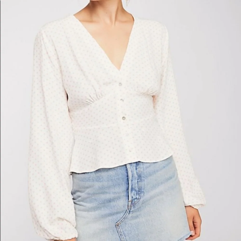 Free People White Pink Love Street Long Sleeve V Neck Polka Dot Button Up Blouse